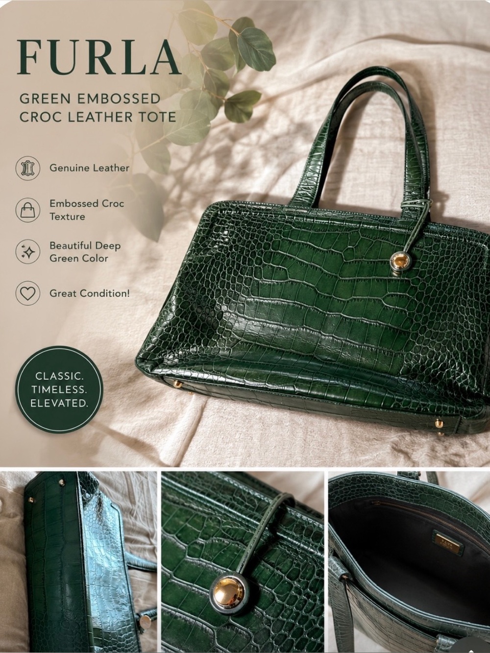 Furla Green Embossed Croc leather handbag/ tote. Great condition!